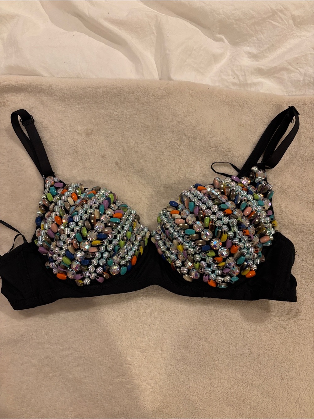 Beaded Embellished Black Bra - Multicolor Accents size small S
